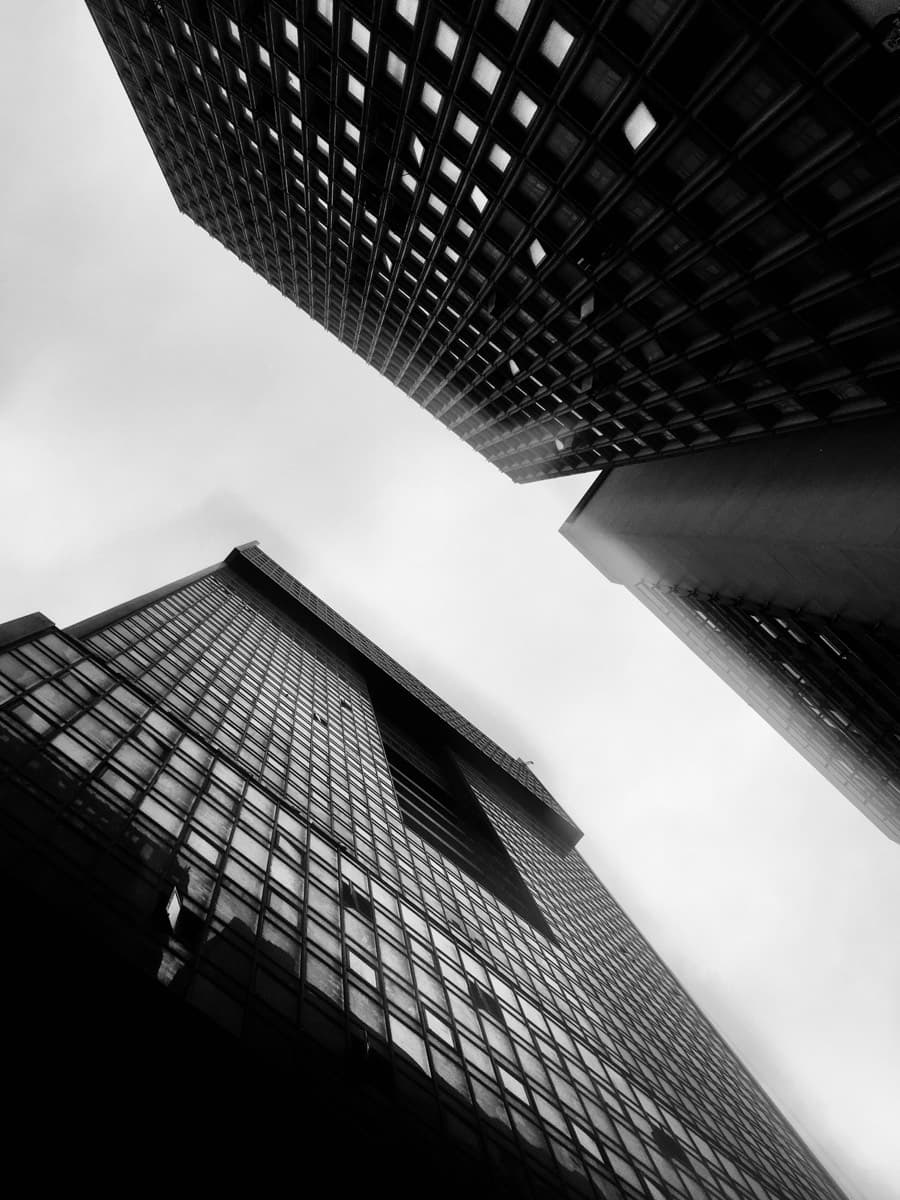 Office towers seen from street level